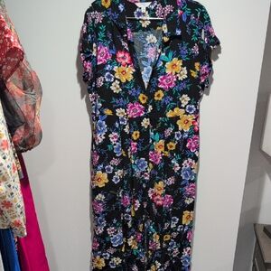 Time and Tru Black Floral Maxi Dress with Pink, Yellow & Blue Blooms